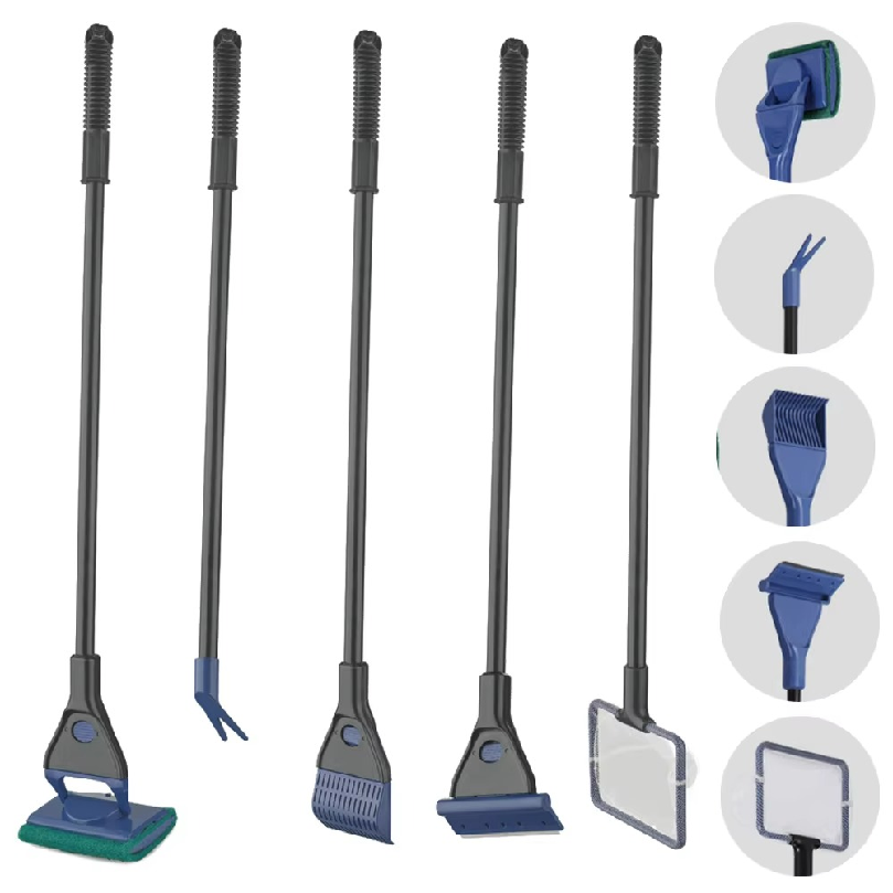 Planted Aquarium Cleaning Kit - 5つの機能が1つになった水槽清掃キット。60cmの長い柄が付いた道具、魚網、砂利用レーキ、藻取り用スクレーパー、スポンジ、水草用フォークがセットになっています。