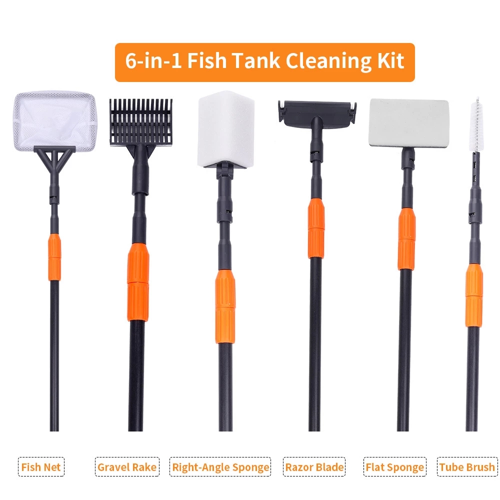 Planted Aquarium Cleaning Kit - 6 in 1水槽清掃ツールキット、水槽クランプセット、魚タンクネット、砂利かき、藻類除去スクラッパー、フォーク、スポンジブラシ、ガラスクリーナー