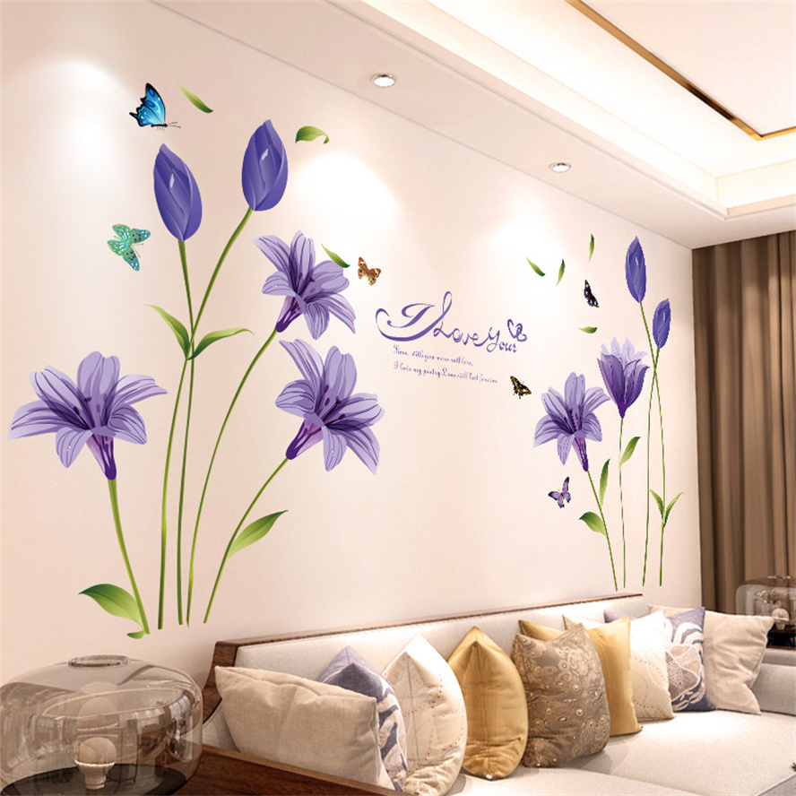 Tissue Culture Plant - DIY パープルラベンダーリビングルームの壁のステッカーの装飾自己粘着花蝶壁飾り壁画寝室の家の装飾
