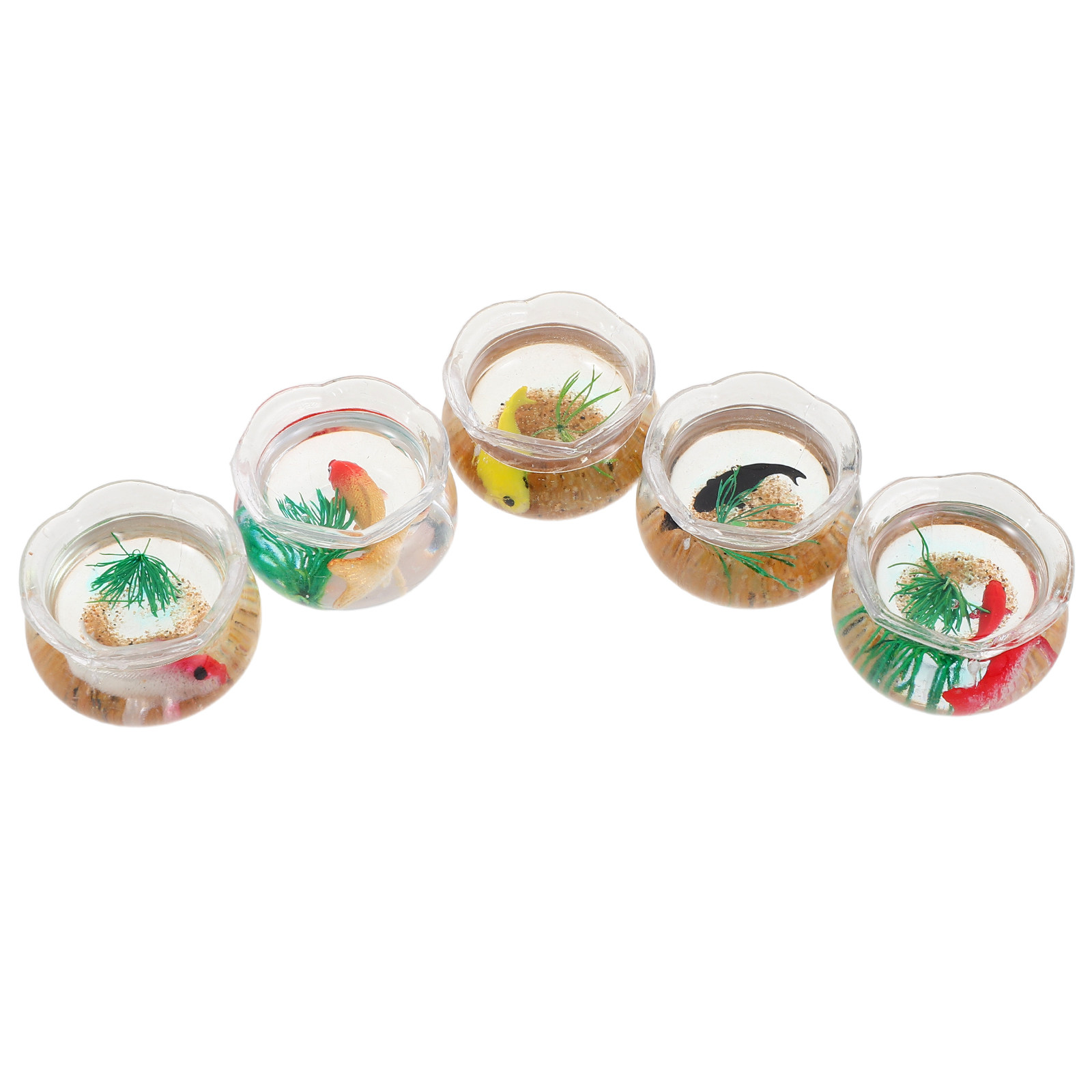 Aquarium Planted Aquarium - 5個入り ミニチュア魚鉢、リアルな鯉の水槽、小さな丸型、人工植物、ドールハウス用ミニチュア水槽、ミニチュア動物フィギュア
